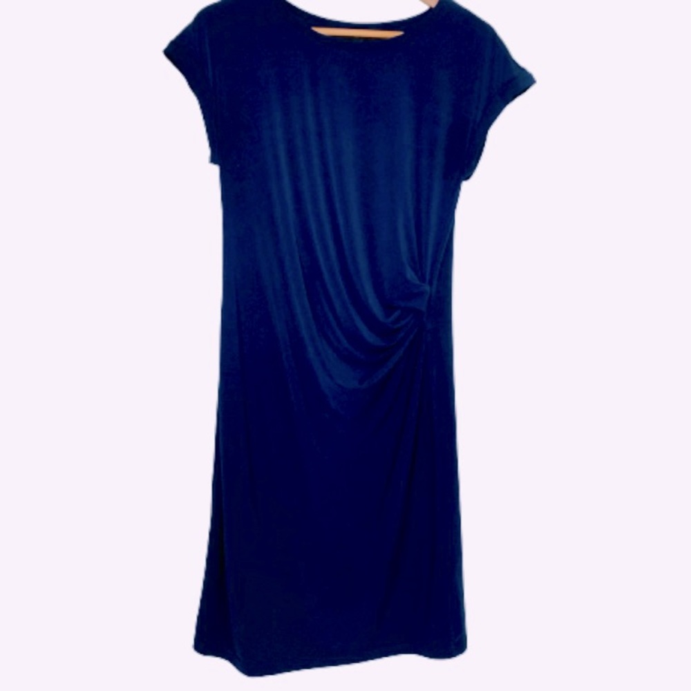 Banana Republic navy blue side gathered dress knee length capped sleeves EUC M😍